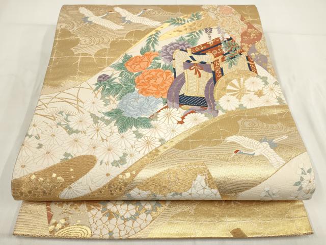 平和屋着物◎六通柄袋帯 唐織 飛鶴御所車花文 平安絵巻 金糸 正絹 逸品 AABG6371wj