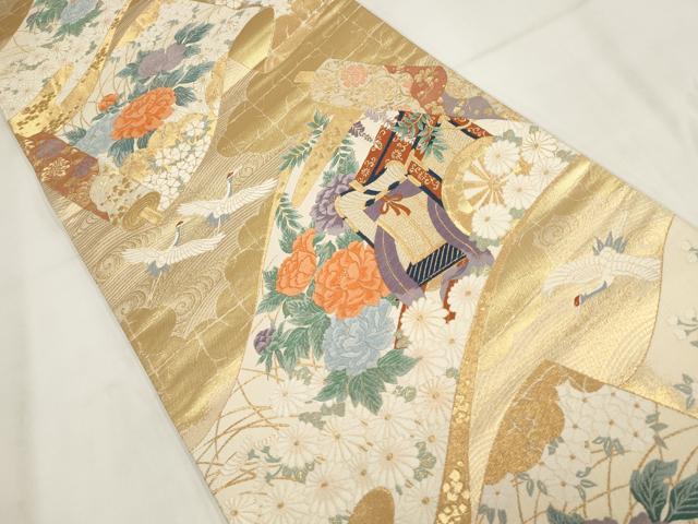 平和屋着物◎六通柄袋帯 唐織 飛鶴御所車花文 平安絵巻 金糸 正絹 逸品 AABG6371wj