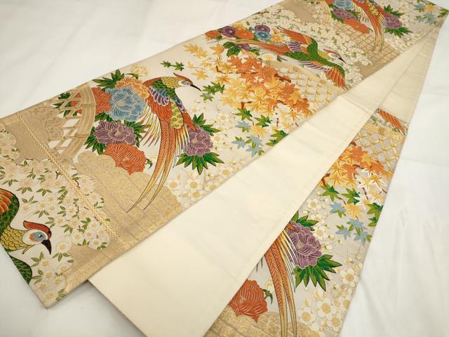 平和屋着物▼六通柄袋帯 唐織 鳥花春秋 金糸 正絹 逸品 AABG6448wj