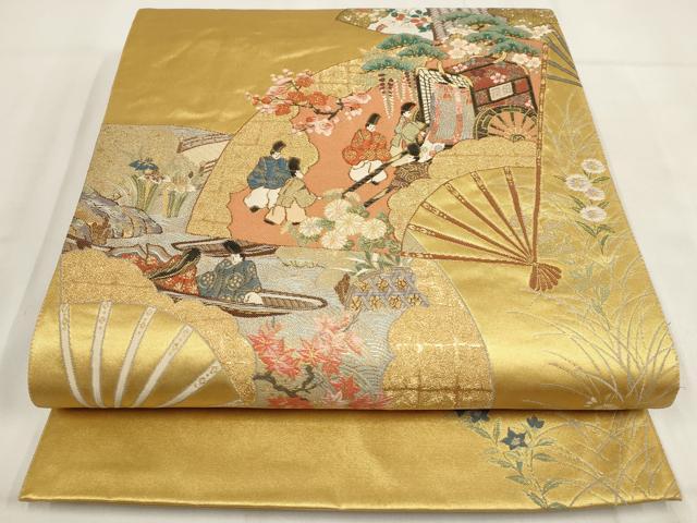 平和屋着物▼太鼓柄袋帯 雅王朝扇面 金糸 正絹 逸品 AABG6459wj