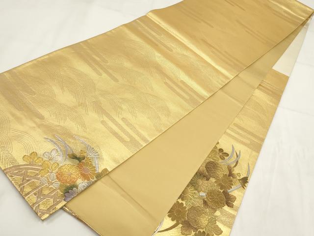 平和屋着物▼太鼓柄袋帯 草花文 金銀彩 正絹 逸品 AABG6461wj