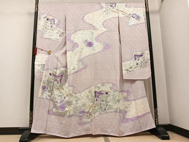 平和屋着物●豪華振袖　駒刺繍　絞り　御所車花文　銀彩　やまと誂製　正絹　逸品　AABG6485ph 平和屋着物○豪華振袖 駒刺繍 絞り 御所車花文 銀彩 やまと誂