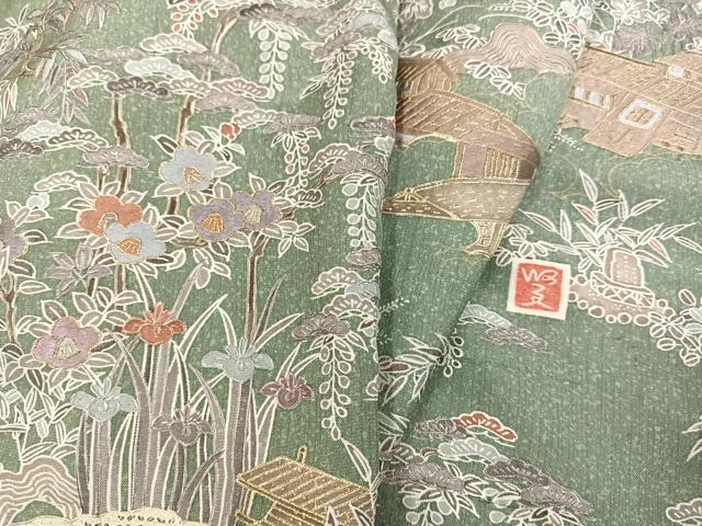 平和屋着物●訪問着 作家物 紬地 中国三大刺繍 スワトウ刺繍 汕頭刺繍 風景人物草花文 金糸 ほていや扱い 色紙付き 正絹 逸品 AABG6513ph