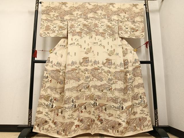 平和屋着物●訪問着 中国三大刺繍 スワトウ刺繍 汕頭刺繍 人物風景文 金糸 正絹 逸品 未使用 AABG6524ph