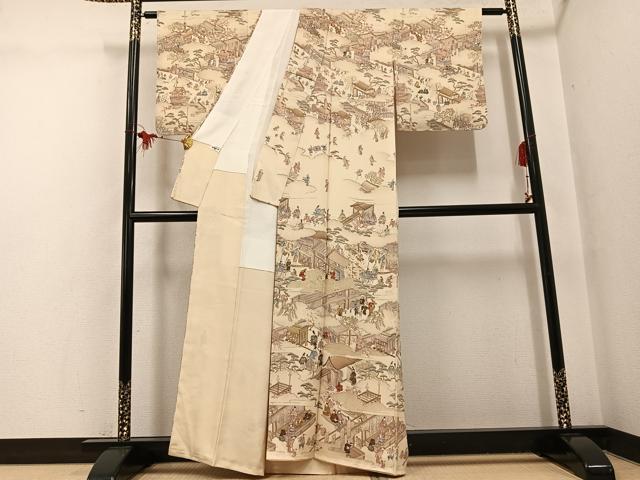 平和屋着物●訪問着 中国三大刺繍 スワトウ刺繍 汕頭刺繍 人物風景文 金糸 正絹 逸品 未使用 AABG6524ph