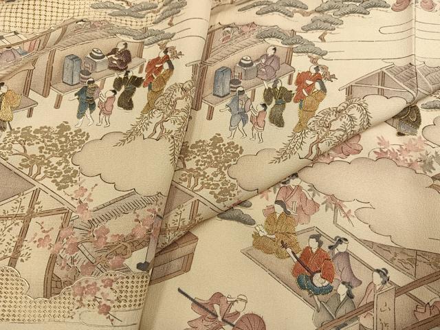 平和屋着物●訪問着 中国三大刺繍 スワトウ刺繍 汕頭刺繍 人物風景文 金糸 正絹 逸品 未使用 AABG6524ph