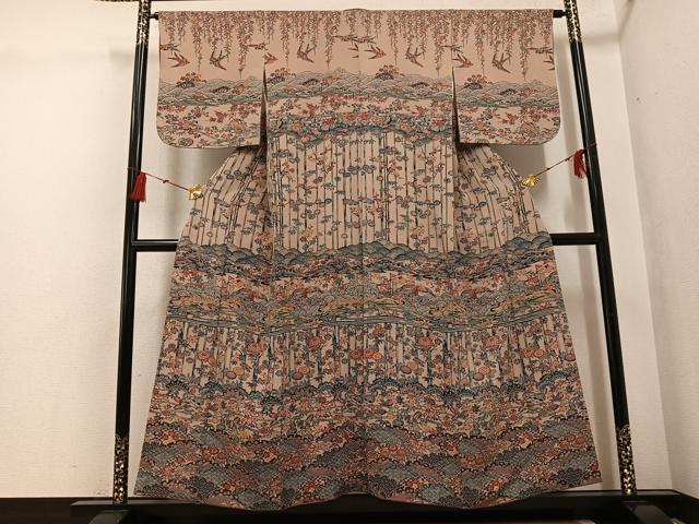 平和屋着物●訪問着 型染め 飛鶴花鳥文 正絹 逸品 AABG6530ph