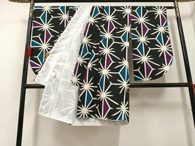 平和屋着物●小振袖 二尺袖 麻の葉文様 黒地 洗える着物 AABG6544ph