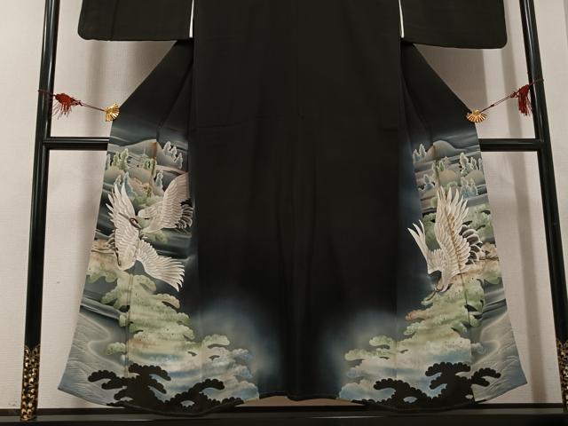 平和屋着物●アンティーク 大正ロマン 黒留袖 刺繍 群鶴風景松文 暈し染め 正絹 逸品 AABG6553ph