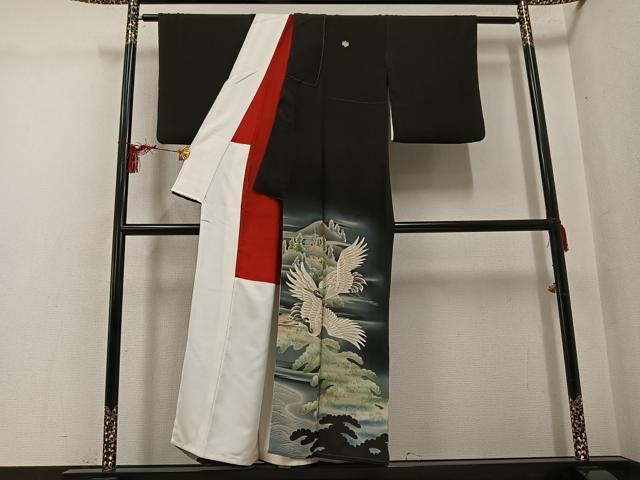 平和屋着物●アンティーク 大正ロマン 黒留袖 刺繍 群鶴風景松文 暈し染め 正絹 逸品 AABG6553ph