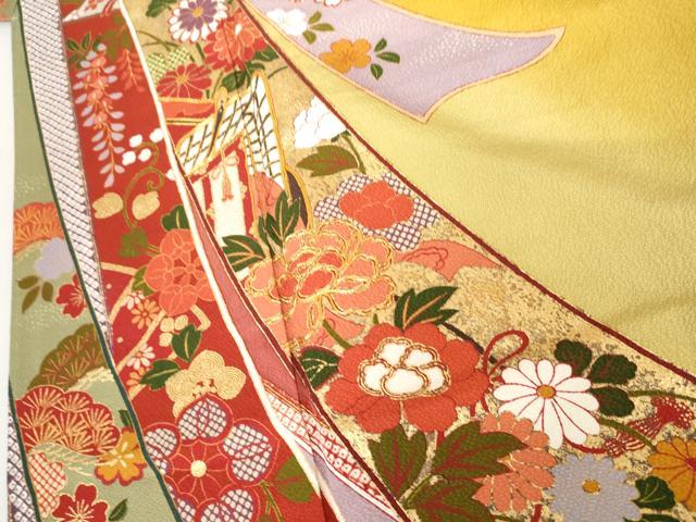 平和屋着物●豪華振袖 御所車鬘帯飛鶴花文 暈し染め 金彩 正絹 逸品 未使用 AABG6579cs