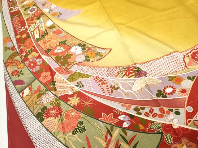 平和屋着物●豪華振袖 御所車鬘帯飛鶴花文 暈し染め 金彩 正絹 逸品 未使用 AABG6579cs