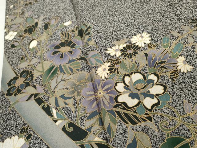 平和屋着物●訪問着 花唐草文 たたき染め 黒地 金彩 正絹 逸品 AABG6583cs