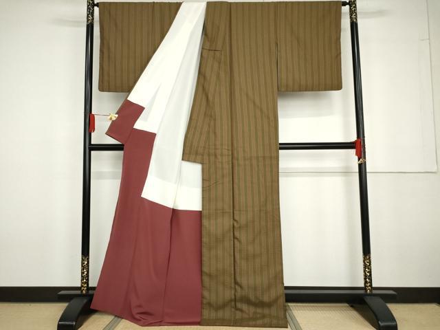 平和屋着物●極上 紬 市松綾織 間道 正絹 逸品 AABG6590cs