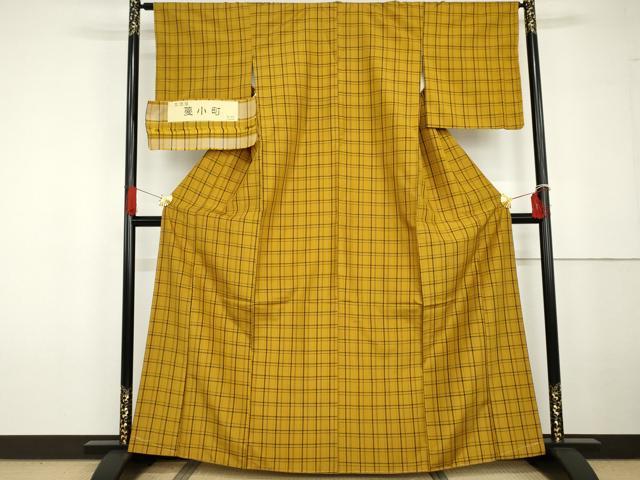 平和屋着物●上質な紬 蔓小町 格子 反端付き 正絹 逸品 未使用 AABG6603cs