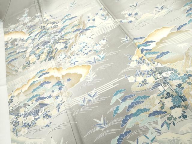 平和屋着物●訪問着 友禅 駒刺繍 松竹梅風景文 暈し染め 金彩 正絹 逸品 未使用 AABG6628cs