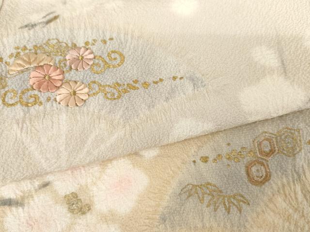 平和屋着物●十日町 名門 滝泰謹製 訪問着 刺繍 扇面流水花文 暈し染め 金糸 金彩 正絹 逸品 AABG6633cs