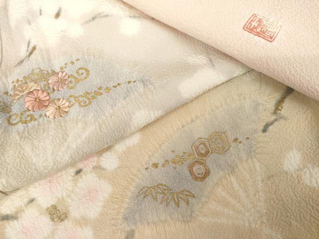 平和屋着物●十日町 名門 滝泰謹製 訪問着 刺繍 扇面流水花文 暈し染め 金糸 金彩 正絹 逸品 AABG6633cs