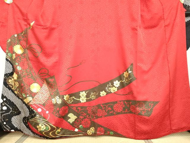 平和屋着物●豪華振袖 駒刺繍 絞り 几帳流水花文 金彩 正絹 逸品 AABG6647cs