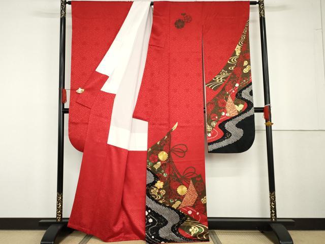 平和屋着物●豪華振袖 駒刺繍 絞り 几帳流水花文 金彩 正絹 逸品 AABG6647cs