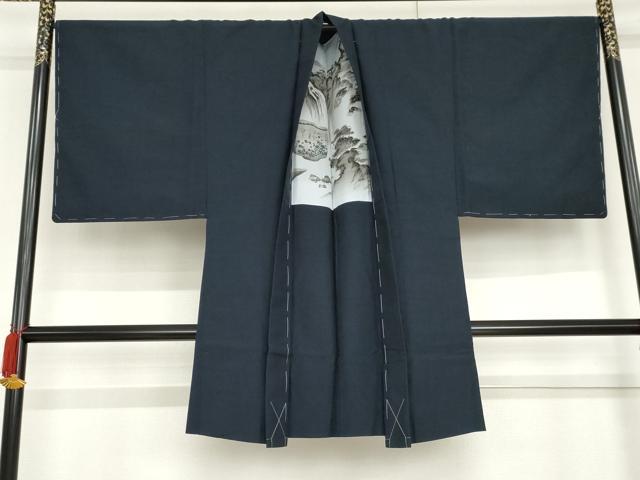 平和屋着物●男性 紬 アンサンブル 色無地 深縹色 正絹 逸品 未使用 AABG6658cs
