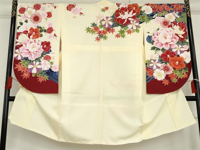 平和屋着物●小振袖 二尺袖 流水草花文 金彩 洗える着物 未使用 AABG6677cs