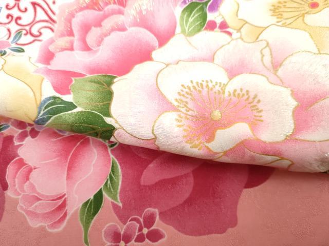 平和屋着物●小振袖 二尺袖 草花文 薔薇 暈し染め 金彩 洗える着物 AABG6682cs