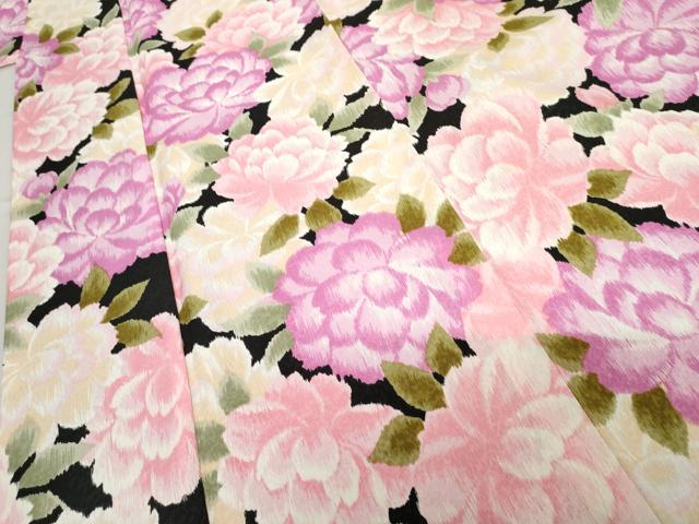 平和屋着物●ファッションブランド hiromichi nakano ヒロミチナカノ 小振袖 二尺袖 草花文 黒地 洗える着物 AABG6687cs