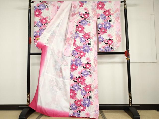 平和屋着物●H・L(アッシュエル) HENRI-LUC CHAPUIS 小振袖 二尺袖 花蝶文 暈し染め 金彩 洗える着物 AABG6691cs