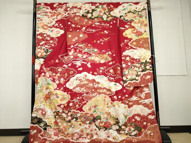平和屋着物●豪華振袖 駒刺繍 御所車吉祥花毬文 金彩 正絹 逸品 AABG6710cs