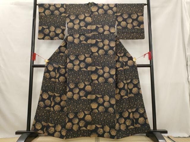 平和屋着物■上質な小紋 雪輪花文 黒地 金彩 正絹 逸品 AABG6733st