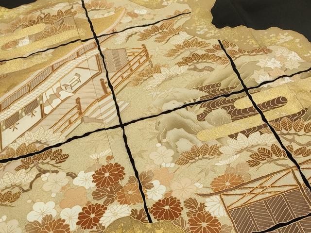 平和屋着物■豪華黒留袖 駒刺繍 風景松竹梅文 金彩 正絹 逸品 AABG6781st