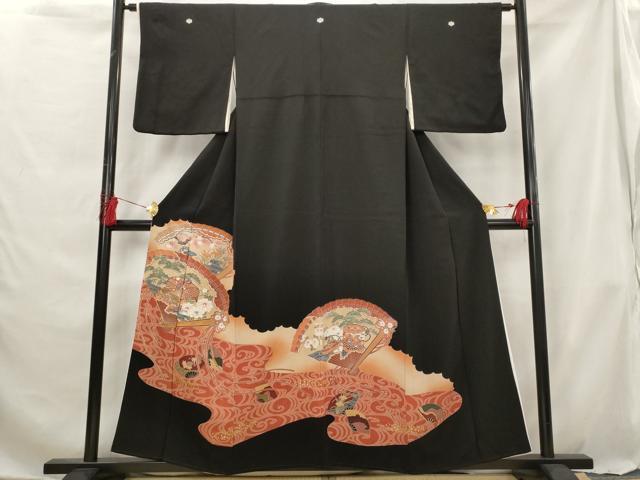 平和屋着物■豪華黒留袖 駒刺繍 流水扇面花文 暈し染め 金彩 正絹 逸品 AABG6866st