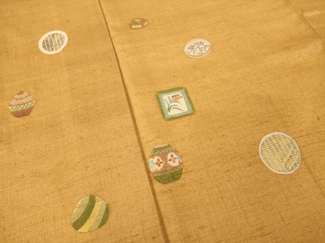 平和屋着物●訪問着 結城紬地 手描き 刺繍 器物文 金彩 正絹 逸品 AABG6966ck