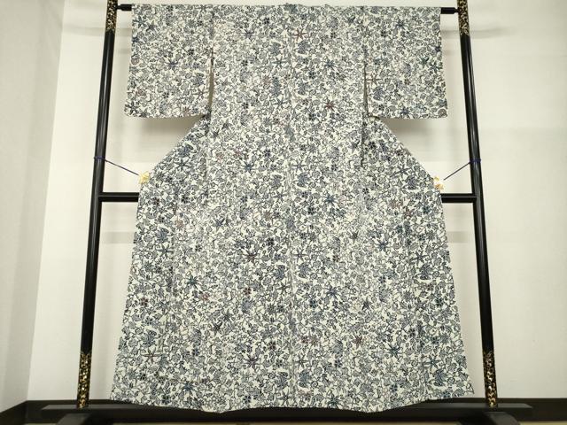 平和屋着物▽上質な小紋 単衣 型染め 草花文 鬼しぼ縮緬 正絹 逸品 AABG6968ck