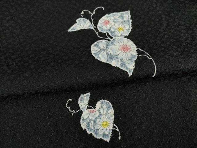 平和屋着物▽小紋 単衣 辻が花 草花文 黒地 洗える着物 AABG6972ck