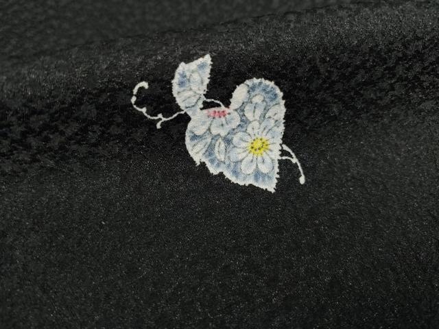 平和屋着物▽小紋 単衣 辻が花 草花文 黒地 洗える着物 AABG6972ck