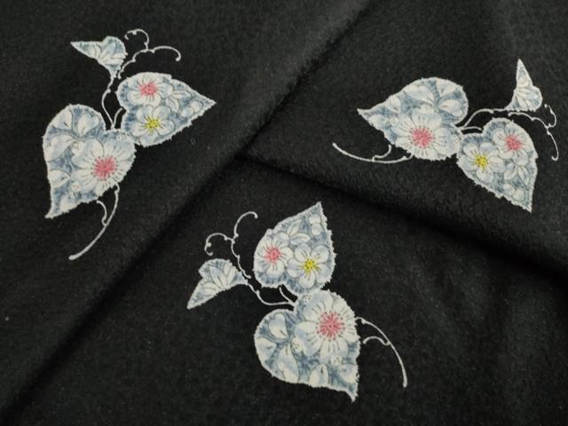 平和屋着物▽小紋 単衣 辻が花 草花文 黒地 洗える着物 AABG6972ck