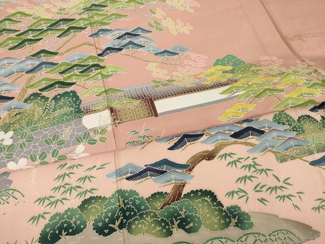 平和屋着物▽訪問着 単衣 友禅 風景松文 正絹 逸品 AABG6976ck