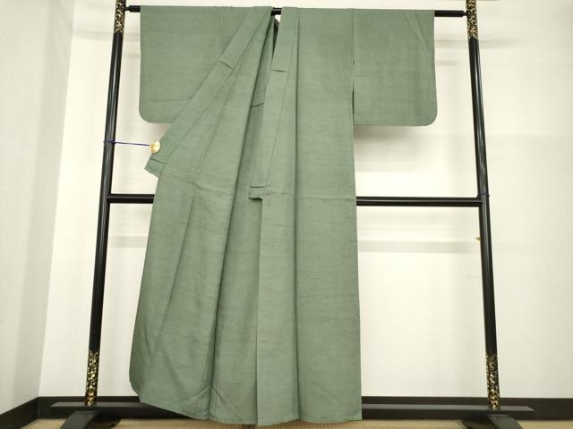 平和屋着物▽上質な紬 単衣 色無地 柳煤竹色 正絹 逸品 AABG6982ck