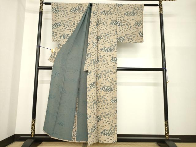 平和屋着物▽上質な小紋 単衣 型染め 地紙花文 鬼しぼ縮緬 正絹 逸品 AABG6998ck