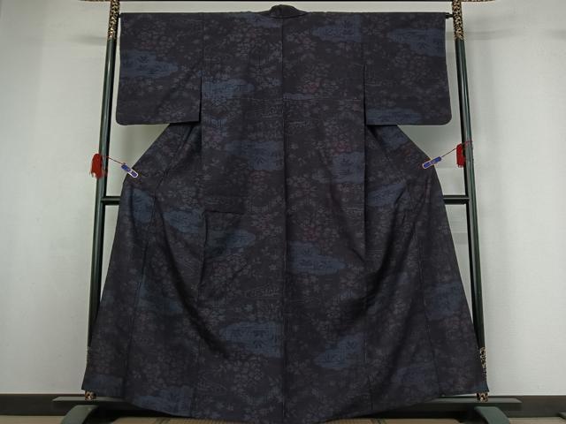 平和屋着物▽結城紬 単衣 流水花文 正絹 逸品 AABG7001jh