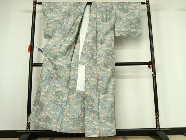 平和屋着物▽上質な紬 単衣 風景文 正絹 逸品 AABG7006jh