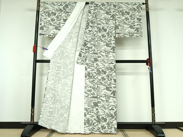 平和屋着物▽上質な小紋 単衣 型染め 風景松竹梅文 正絹 逸品 AABG7012jh
