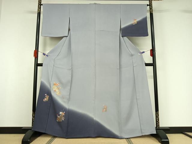 平和屋着物▽訪問着 単衣 駒刺繍 草花文 暈し染め 金彩 正絹 逸品 AABG7013jh
