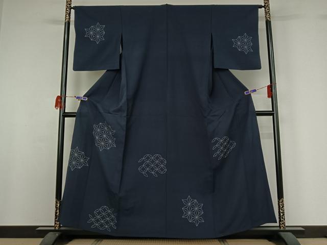 平和屋着物▽訪問着 単衣 紬地 総刺繍 刺し子刺繍 麻の葉文様 正絹 逸品 AABG7029jh