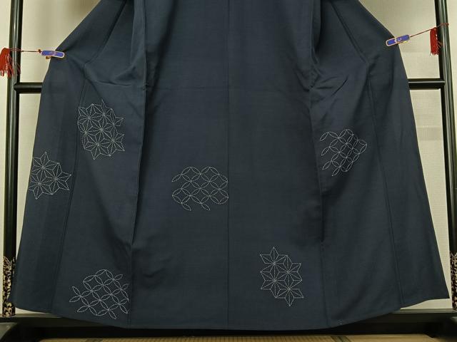 平和屋着物▽訪問着 単衣 紬地 総刺繍 刺し子刺繍 麻の葉文様 正絹 逸品 AABG7029jh