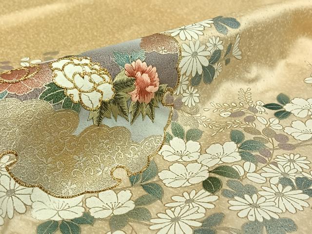 平和屋着物▽訪問着 単衣 駒刺繍 雪輪花文 金彩 正絹 逸品 AABG7036jh
