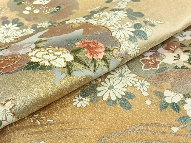 平和屋着物▽訪問着 単衣 駒刺繍 雪輪花文 金彩 正絹 逸品 AABG7036jh