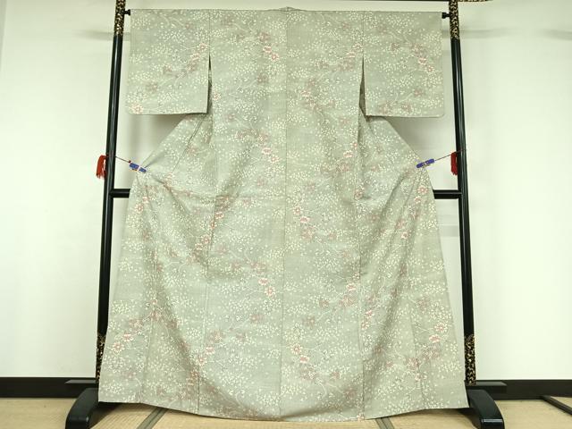 平和屋着物▽上質な紬 単衣 草花文 正絹 逸品 AABG7063jh